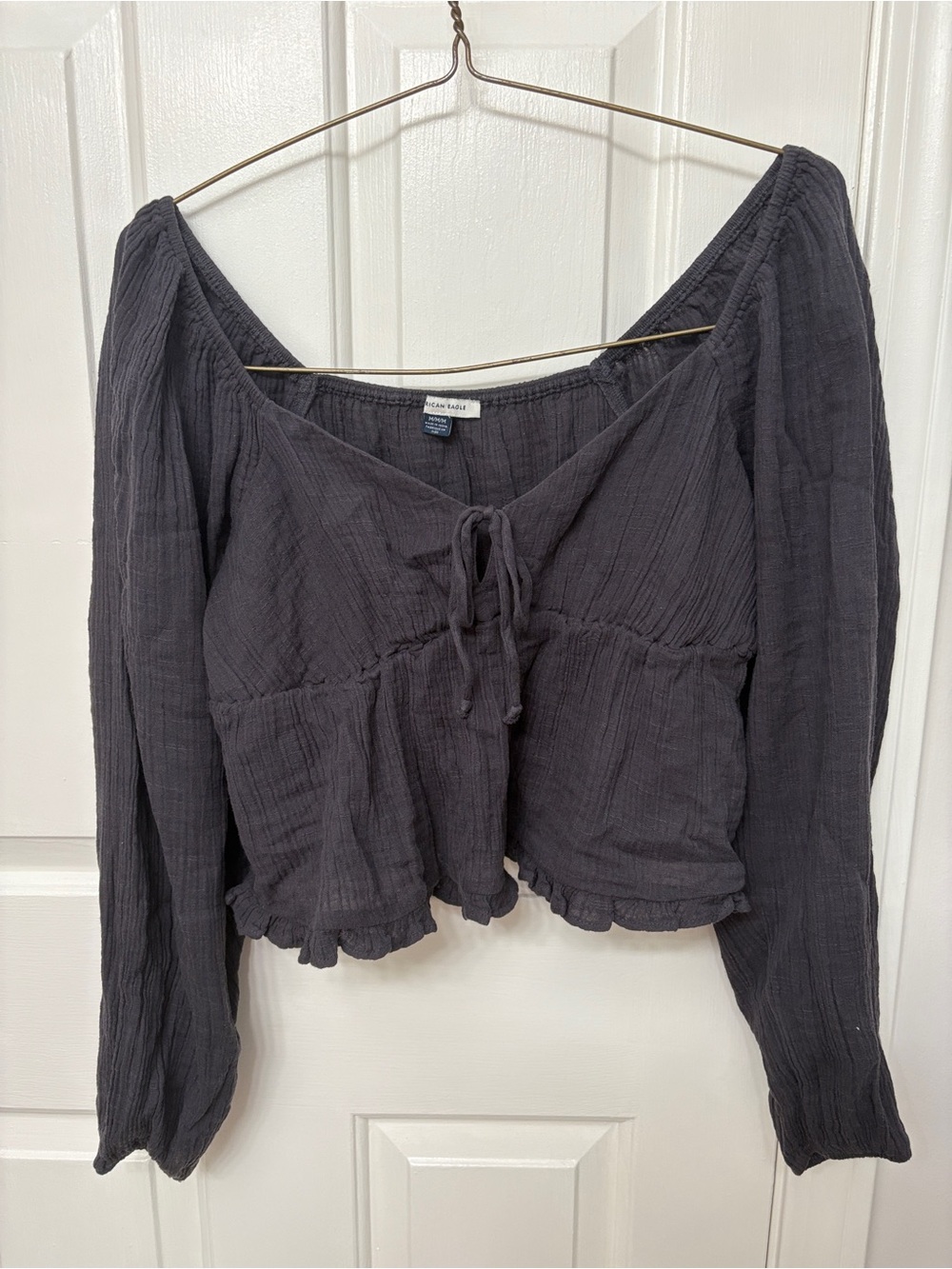 American Eagle Long-Sleeve Tie-Front Women's Top in Charcoal